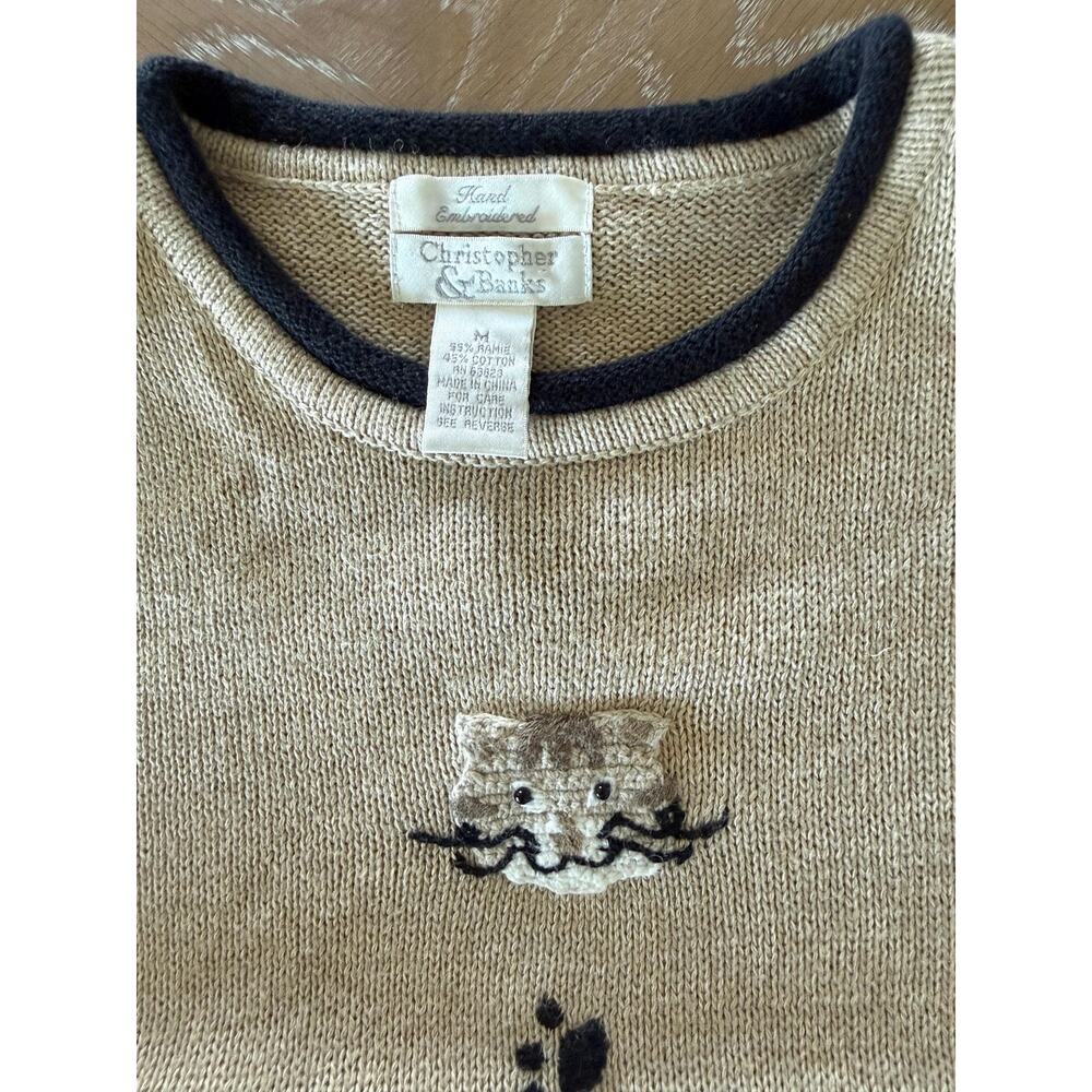 Vintage Christopher & Banks Cat Sweater M Embroidered Paw Print 90s Grandmacore - Picture 7 of 14